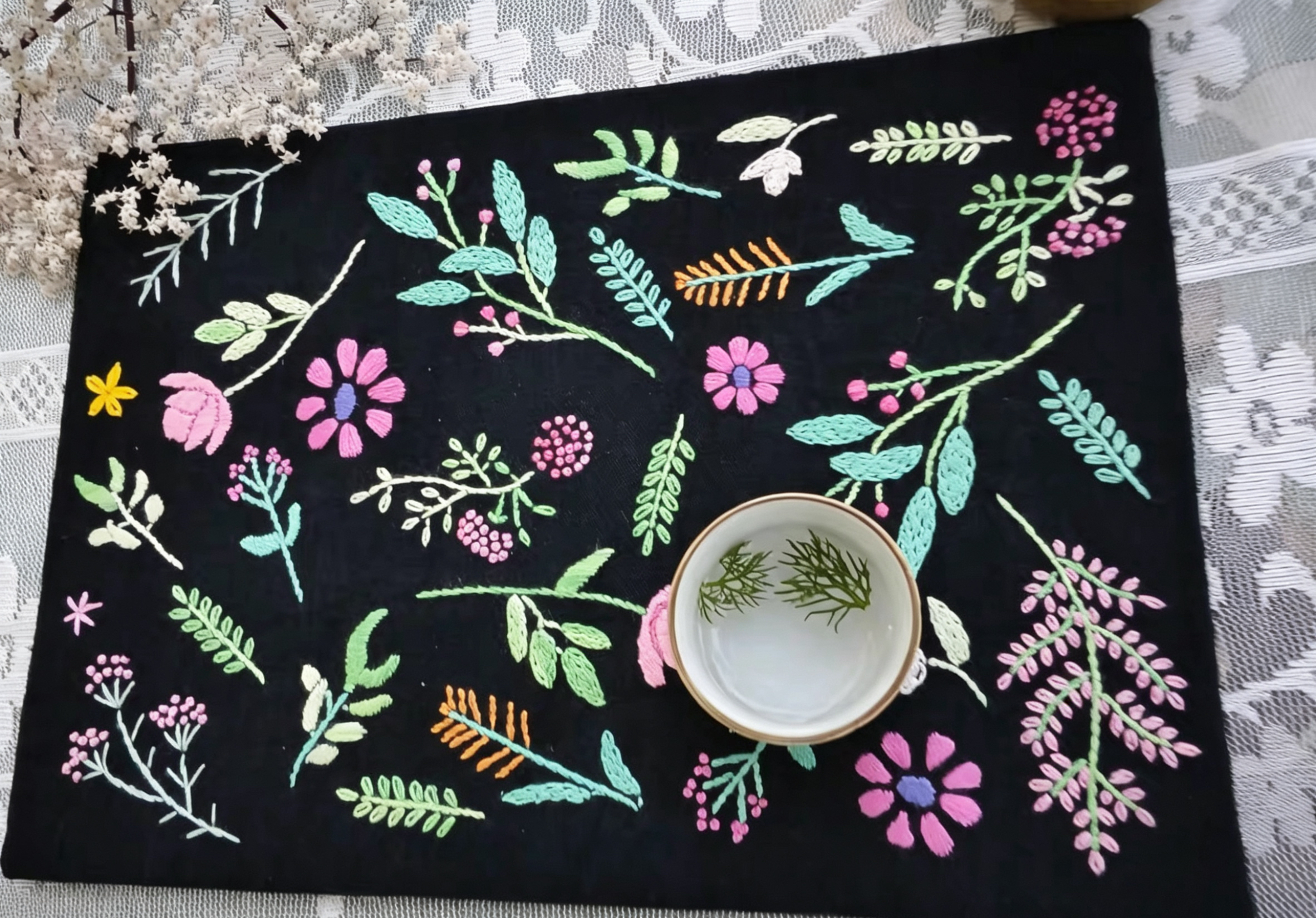 Custom hand-embroidered linen placemat tea mat