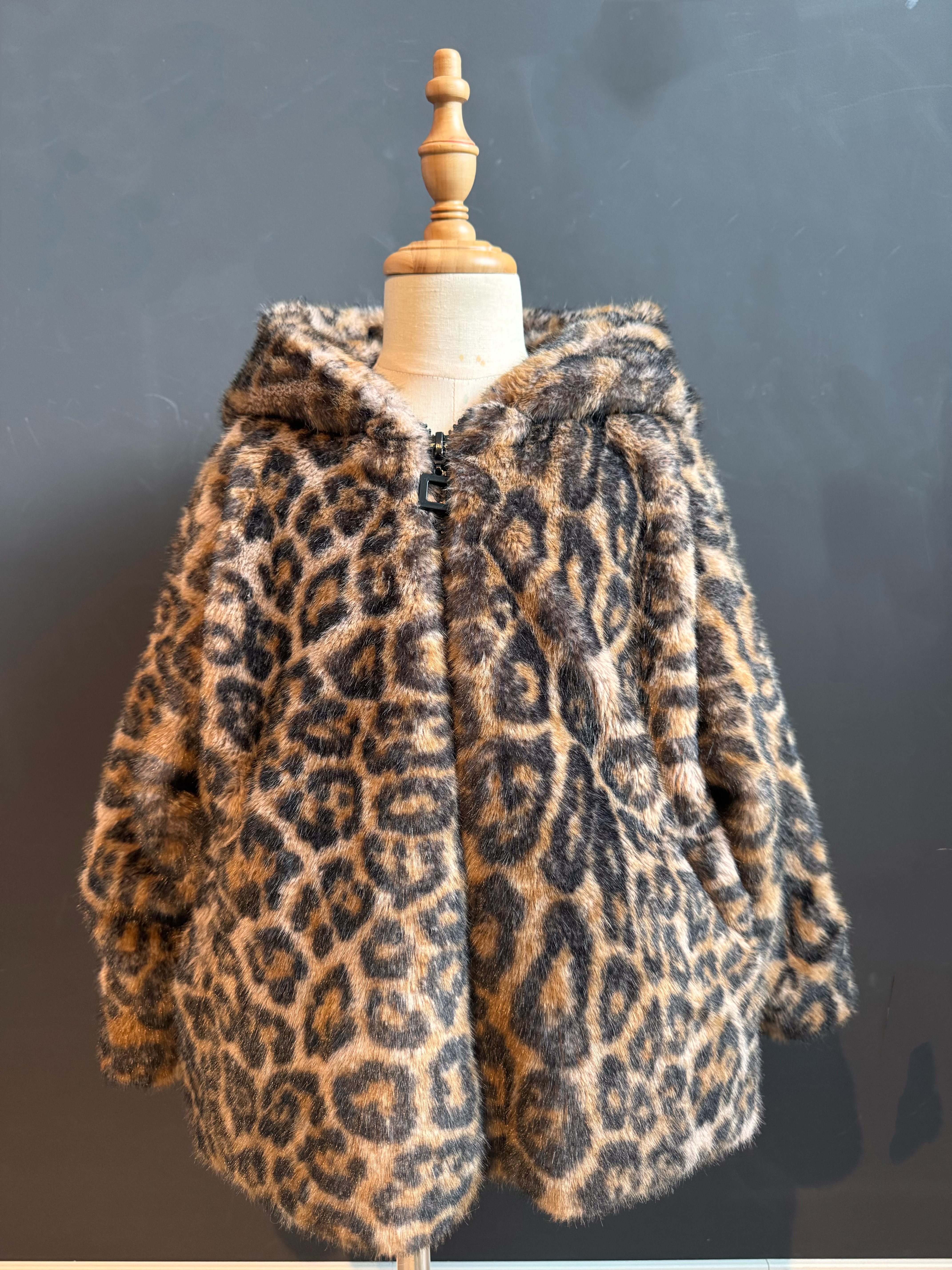 Bespoke kids' leopard print faux fur hooded jacket